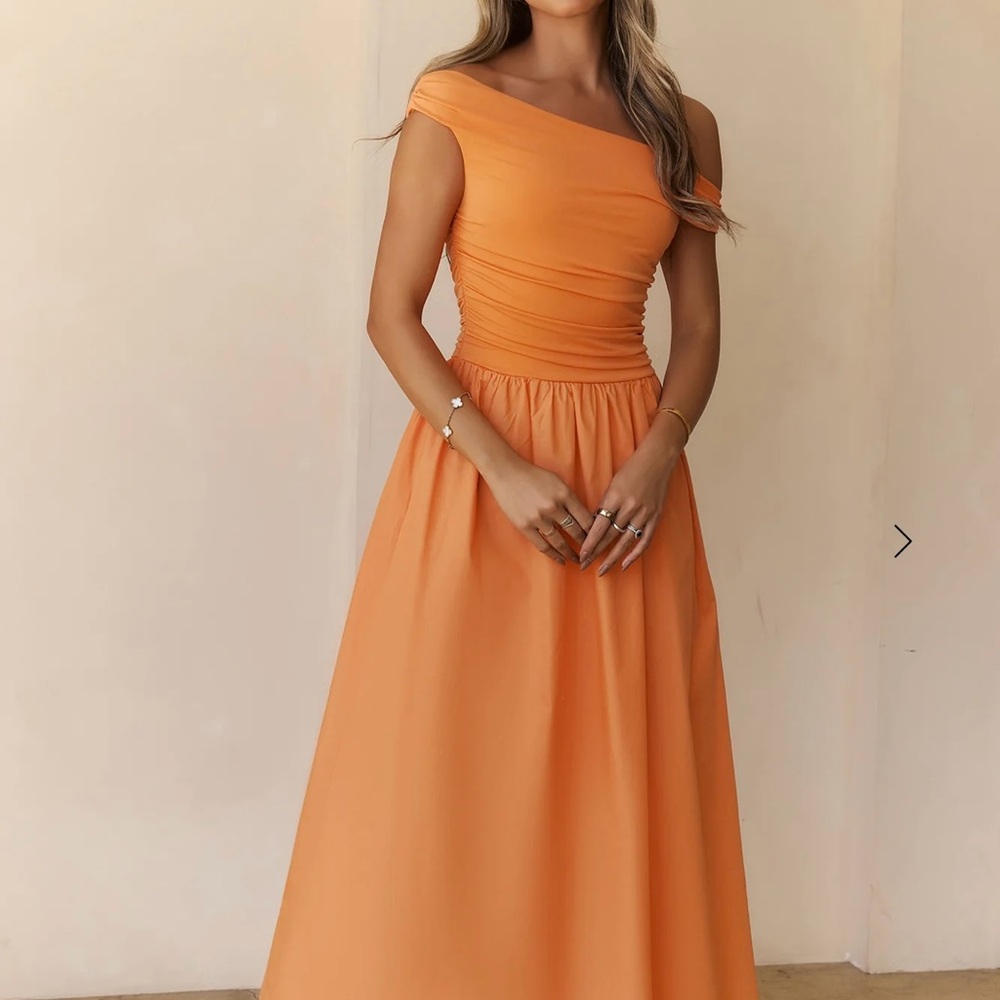 Hello Molly Orange Ruched Off the Shoulder Maxi Dress